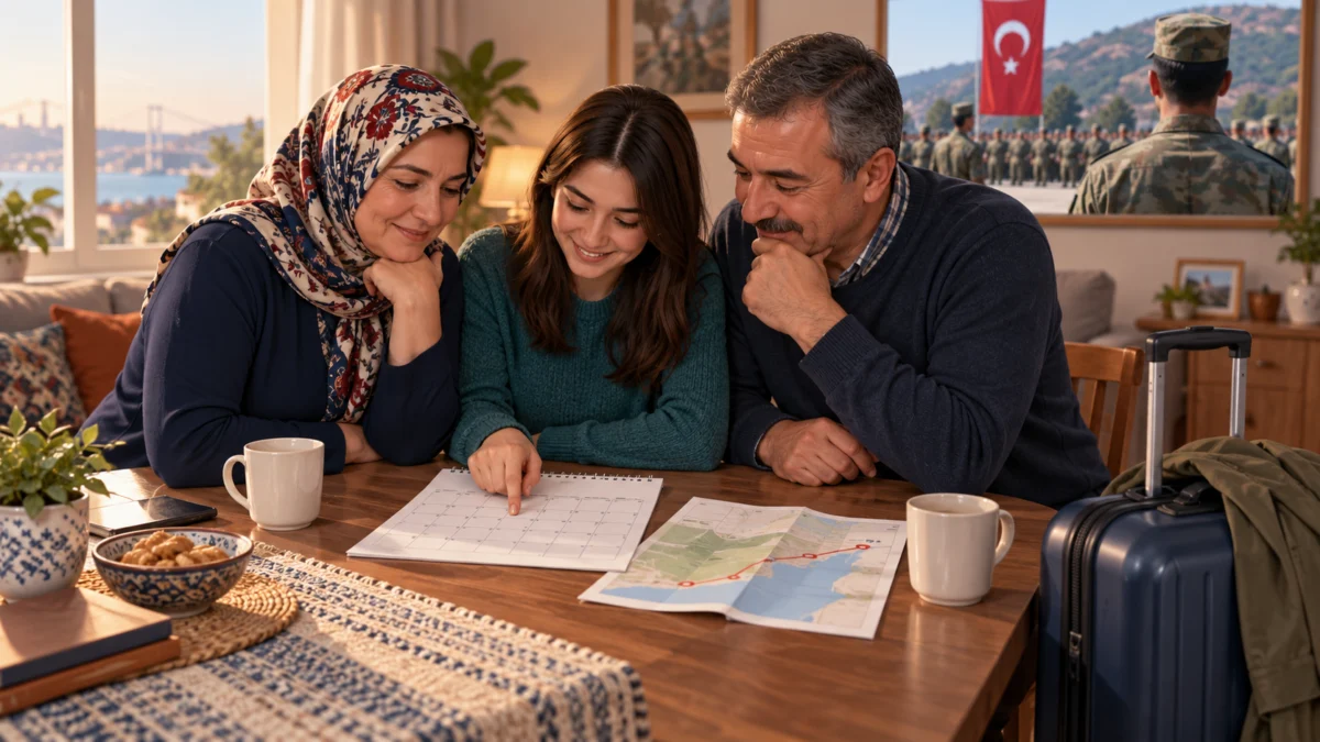 Askerlik Yemin Töreni ve Aile Ziyareti Rehberi Ailenin tören ziyareti için takvim ve ulaşım planlamasını temsil eden illüstrasyon